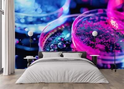 petri dish bacteria virus colony purple microscopic view abstract background, biology science medical background Wall mural