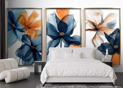 set of three abstract posters with floral art in gold frames  Wall mural