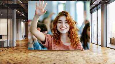 smiling happy teenager girl student raising hand at school classroom, education and learning concept Wall mural