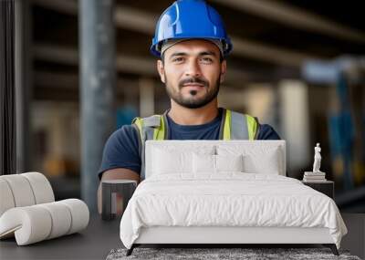 successful mixed race construction site worker in blue hard hat standing with arms crossed and thinking on blurry background Wall mural