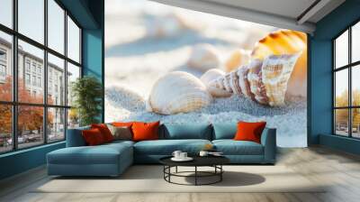 sunlit seashells on white sand beach summer landscape Wall mural