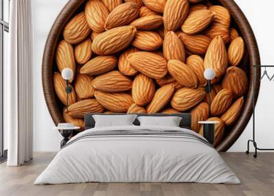 top view of a wooden bowl filled with whole almonds isolated on transparent background, clipping path, cut out, png Wall mural