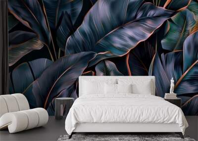 tropical flowers exotic dark moody green banana leaves and palm leaves seamless pattern, hand-drawn style fabric vintage 3D illustration, glamorous night dark background design luxury wallpaper Wall mural