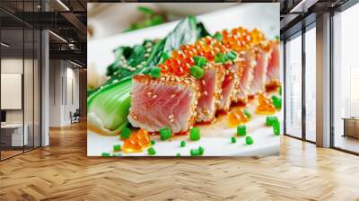 tuna with sesame and salmon caviar and vegetables, seafood white plate Wall mural