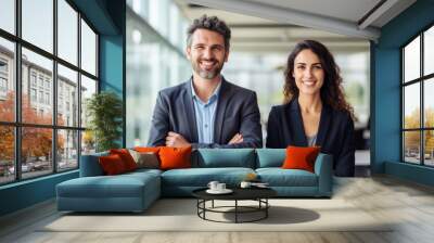 two happy professional business people team woman and man workers working at corporate office Wall mural