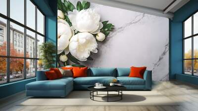 White marble background, white peonies flowers. Empty space. Top view. Wall mural