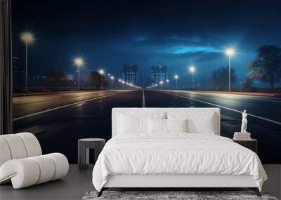 wide road with street lights at night Wall mural