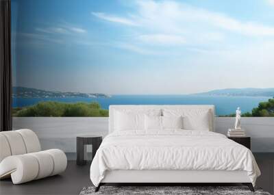 wide white marble table top with sea view background, mock up for display of product, montage your products Wall mural