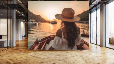 Woman in summer dress relaxing on a yacht at sunset Wall mural