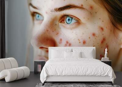 woman with acne skin problem on her face close-up portrait, cosmetics for clean and natural skin for women Wall mural