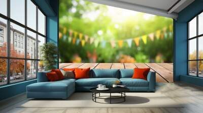 wooden table in garden Wall mural