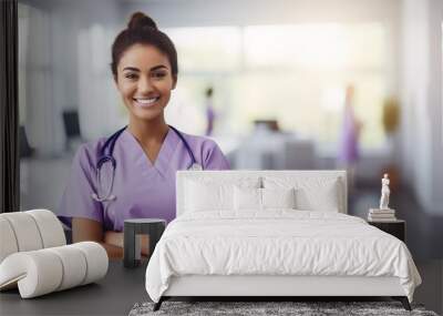 young hispanic nurse, medical blurry background Wall mural