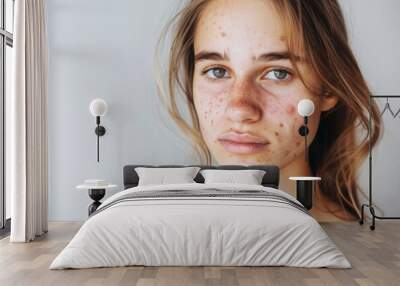 young woman girl face acne skin problem close-up portrait, dermatology therapy skincare concept Wall mural