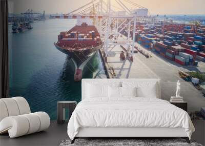 container ship vessel loading and discharging operation of transhipment in international port in aer Wall mural