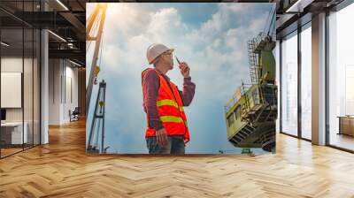 foreman, supervisor, worker, loading master in works at job site, control to the teamwork by walkie talkie radio for job done in the same direction, working at risk and high level of insurance Wall mural