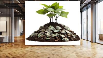 a plant growing in pile of money On Transparent Background Wall mural