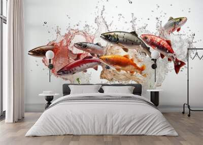 Collection of consumption fish with splash isolated on white background Wall mural