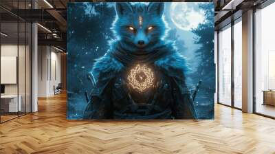 A blue fox warrior stands in a snowy forest with a glowing symbol on its chest. Wall mural