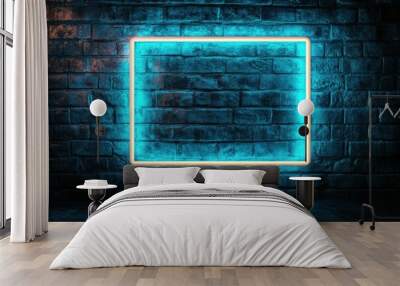 A bright blue neon light frame on a dark brick wall with copy space. Wall mural