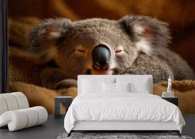 A close-up of a sleeping koala bear with its eyes closed and curled up on a soft brown blanket. Wall mural