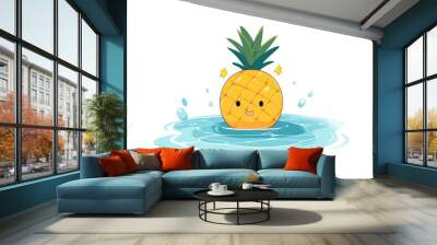 A cute pineapple with a smiling face floats on blue water with splashes. Wall mural