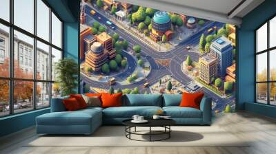 A detailed isometric view of a city intersection with buildings, roads, cars, and trees. Wall mural