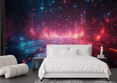 A digital pathway leading to a glowing galaxy with red and blue particles. Wall mural