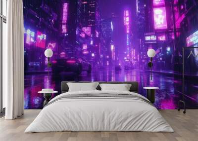 A futuristic cityscape with neon signs reflecting in the wet street. Wall mural