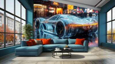 A futuristic transparent sports car with glowing lines drives on a wet city street at night. Wall mural