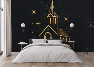 A golden silhouette of a church with a tall steeple against a black background with twinkling stars. Wall mural