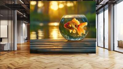 A goldfish in a glass bowl on a wooden deck with a pond and sunset in the background. Wall mural