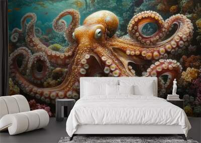 A large octopus with its tentacles spread out amongst coral reefs in an underwater scene. Wall mural