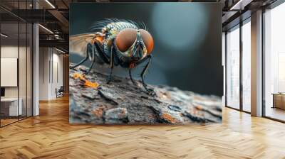 A macro shot of a housefly with its wings spread out, perched on a tree branch. The fly's compound eyes are in focus, while the rest of the body is slightly out of focus. Wall mural