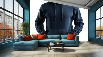 A man is wearing a blank navy blue hoodie with a front pouch pocket and the hood is pulled up. The sleeves are long and the drawstring is visible. Wall mural