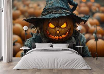 A menacing jack-o-lantern scarecrow with glowing eyes stands in a field of pumpkins. Wall mural