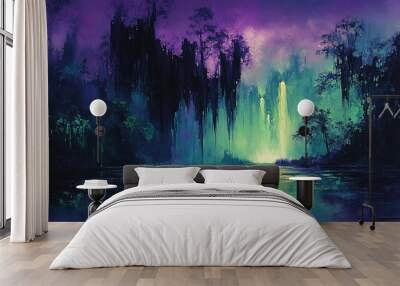 A mystical, dreamlike forest with a glowing waterfall and a still lake in the foreground. The trees and cliffs are silhouetted against the vibrant purple and blue sky. Wall mural