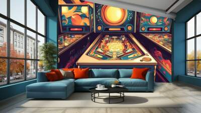 A row of vintage pinball machines with cosmic themes, the middle one in focus, showcasing a colorful design. Wall mural