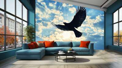 A silhouette of a bird soaring through the sky, with the sun shining brightly behind it. The clouds are a beautiful mix of white and blue. Wall mural