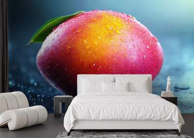 A single ripe mango with water droplets on its surface and a green leaf. Wall mural