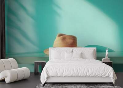 A straw hat sits on a white shelf against a turquoise wall with natural light casting shadows. Wall mural