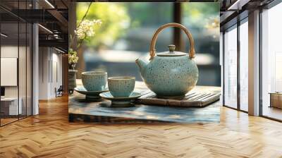 A traditional teapot and two teacups with a bamboo mat and a vase of flowers on a wooden table. Wall mural