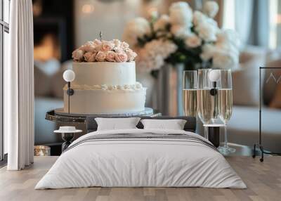 A two-tiered white wedding cake with pink roses on top, two glasses of champagne, and candles on a table in a modern living room. Wall mural