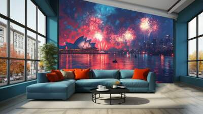 A vibrant fireworks display illuminates the Sydney Opera House and cityscape at night. A small boat with two people rows across the water, reflecting the lights of the city. Wall mural