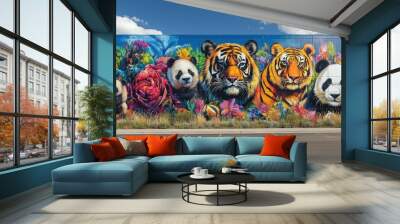 A vibrant mural depicting four animals, two pandas and two tigers, surrounded by flowers and foliage. Wall mural