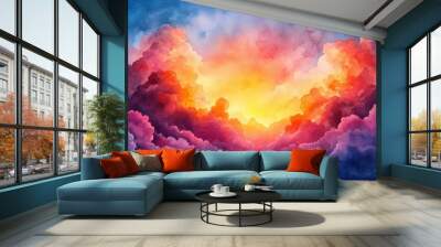 A vibrant watercolor painting of a sunset sky with clouds in hues of purple, pink, orange, and yellow. Wall mural