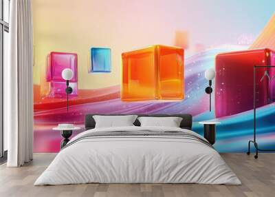 Abstract background with colorful cubes floating over a blue and orange wave. Wall mural