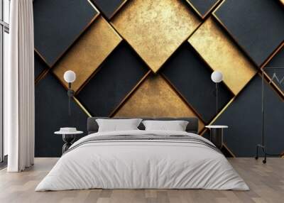 Abstract geometric pattern with black and gold rhombus shapes. Wall mural