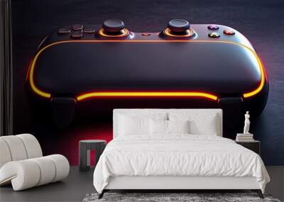 Black gamepad with orange glowing lights on dark background. Wall mural