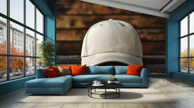 Blank beige baseball cap on rustic wooden surface. Wall mural