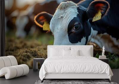 Close-up of a black and white cow grazing on green grass and hay in a field. Wall mural